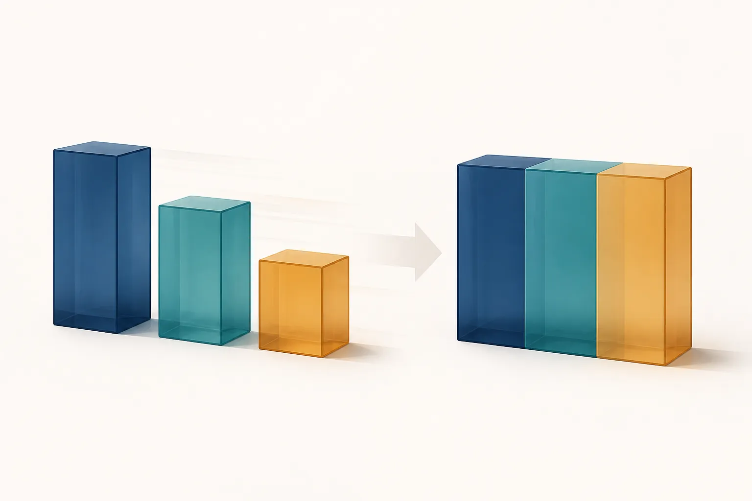 Three translucent geometric blocks merging into one funding structure