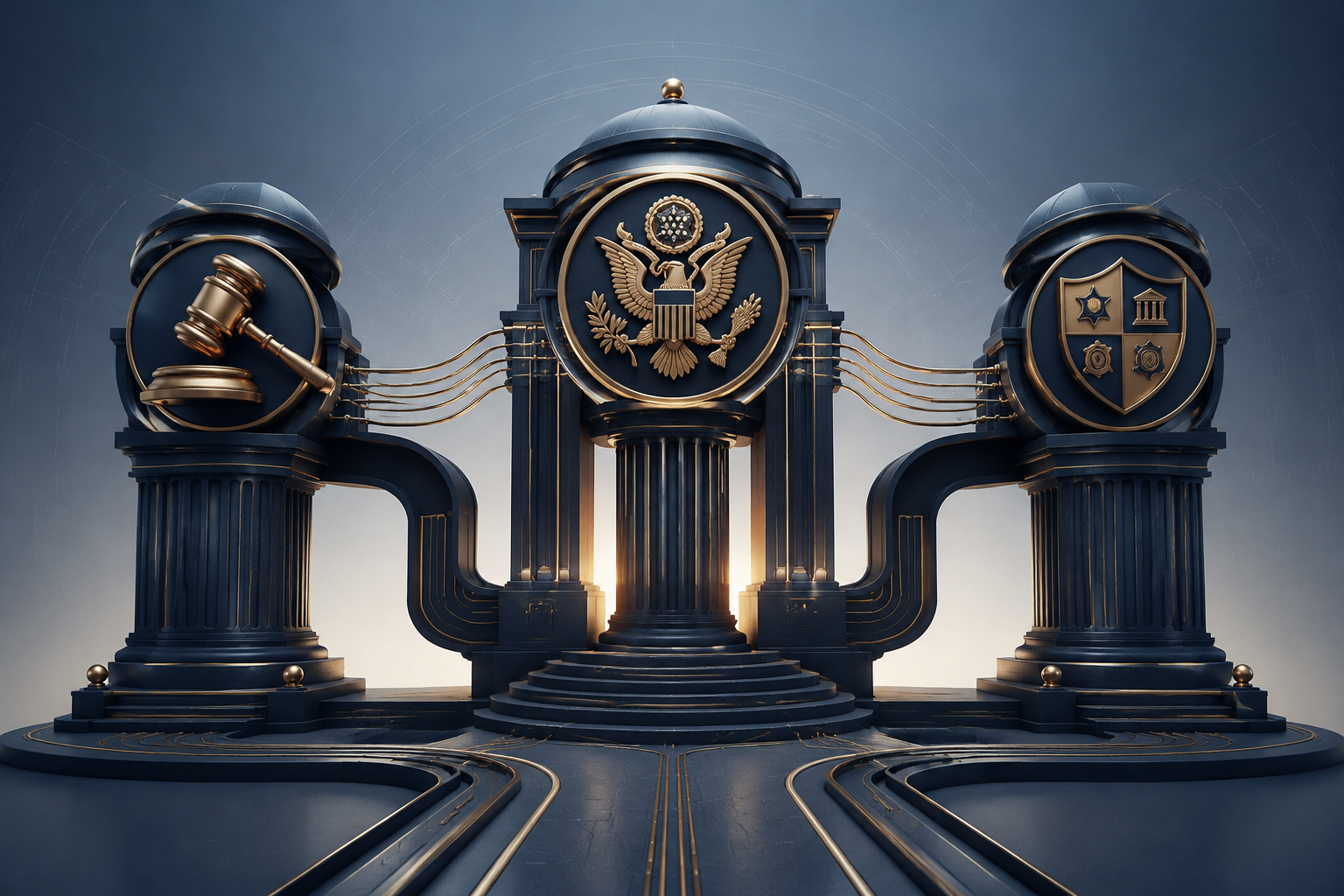Three legal mechanisms shown as connected architectural pillars: state adjudication, federal fugitive authority, and task-force enforcement