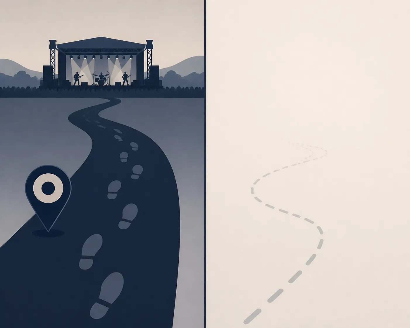 Split illustration of a solid path toward a stage and an empty dashed path fading into blank space