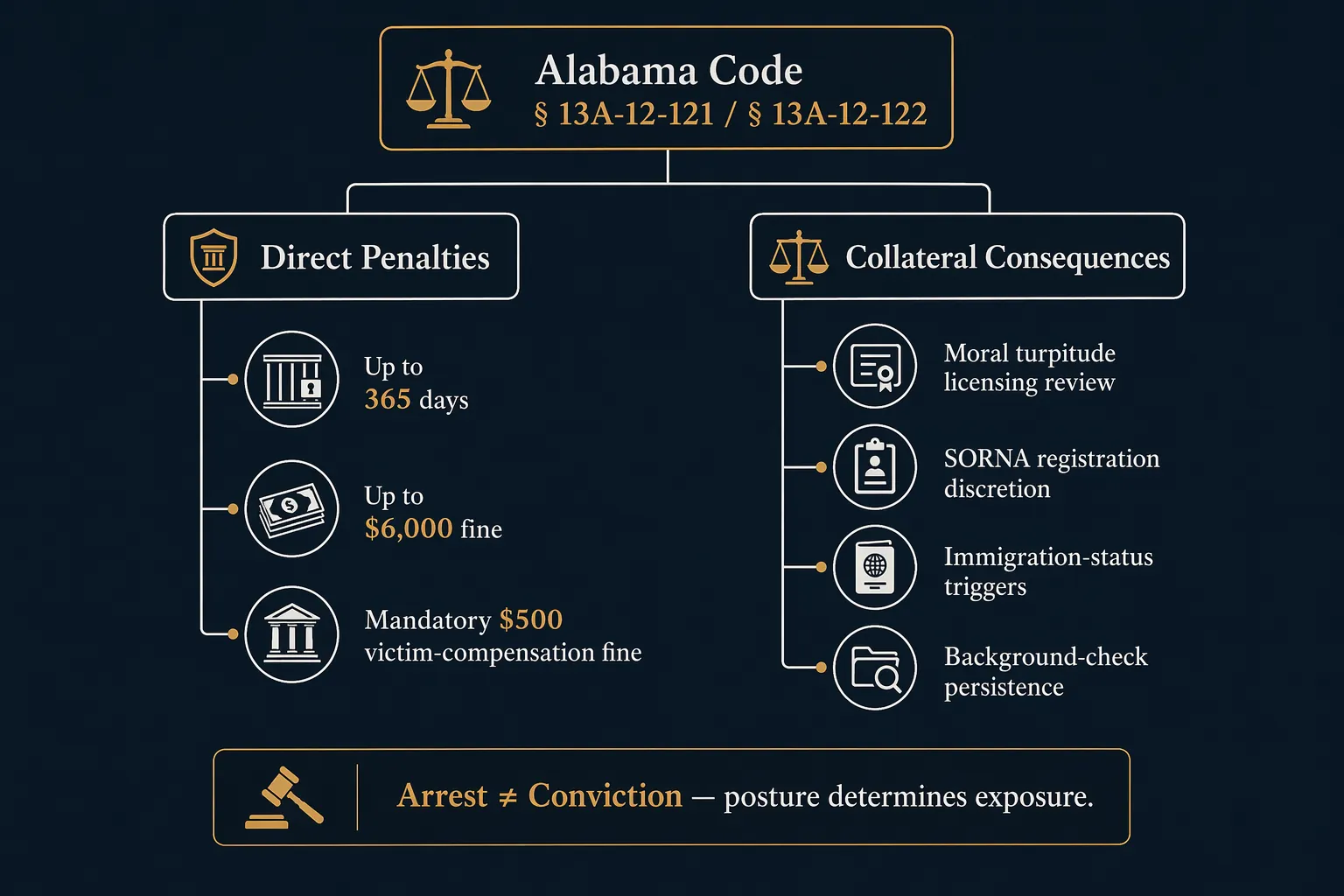 Legal hierarchy diagram showing Alabama Code solicitation penalties and collateral consequences