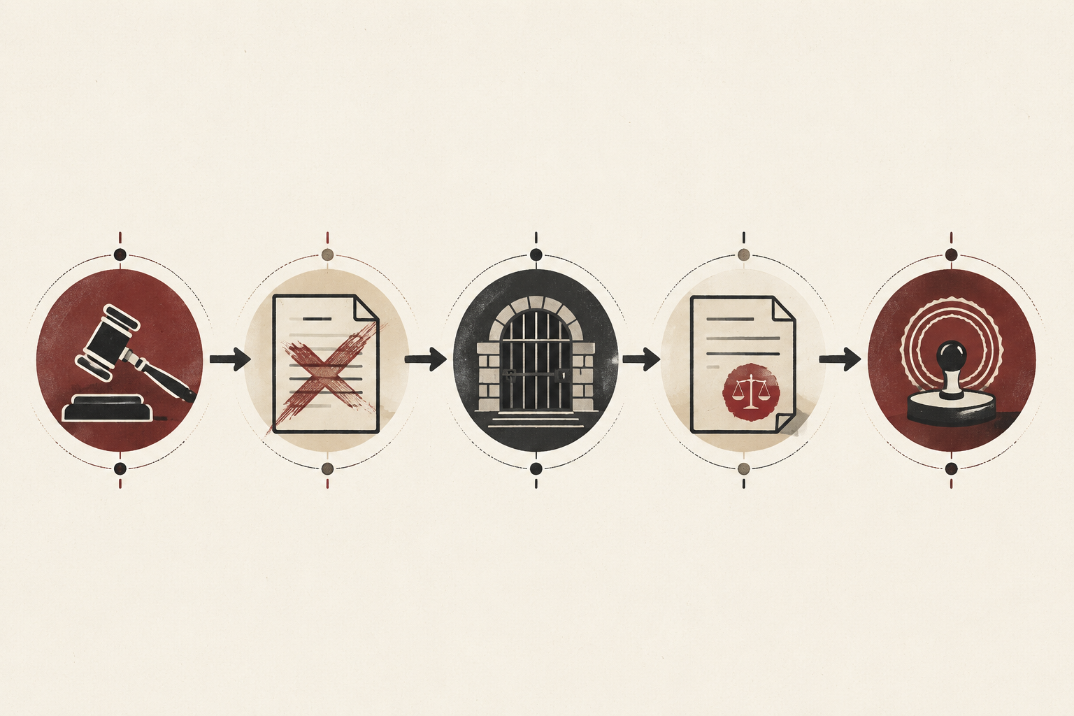 Institutional flowchart showing a gavel, confession document, prison gate, death sentence, and official seal