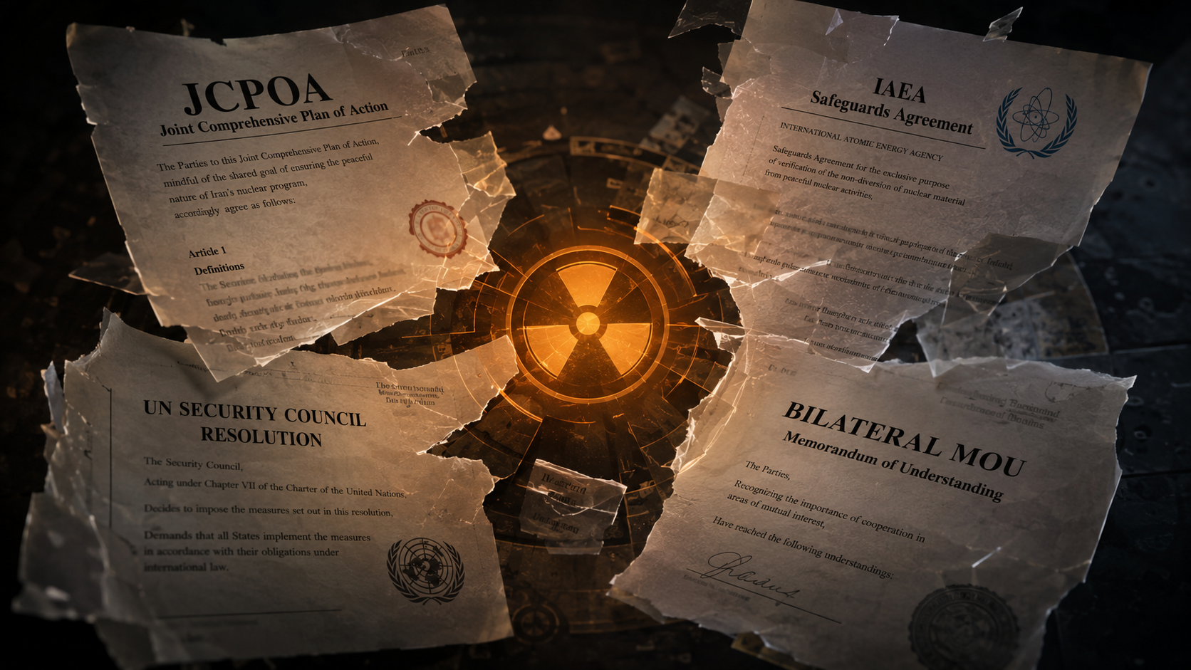 Fragmented legal documents surrounding a nuclear material containment symbol
