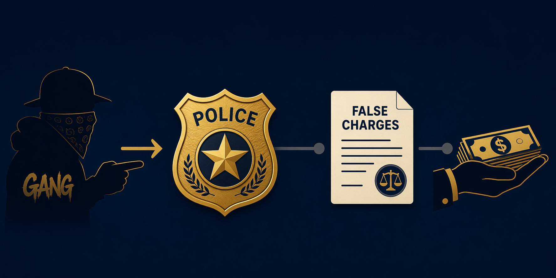 A flow illustration showing a gang figure, police badge, false charge document, and payment hand connected by arrows
