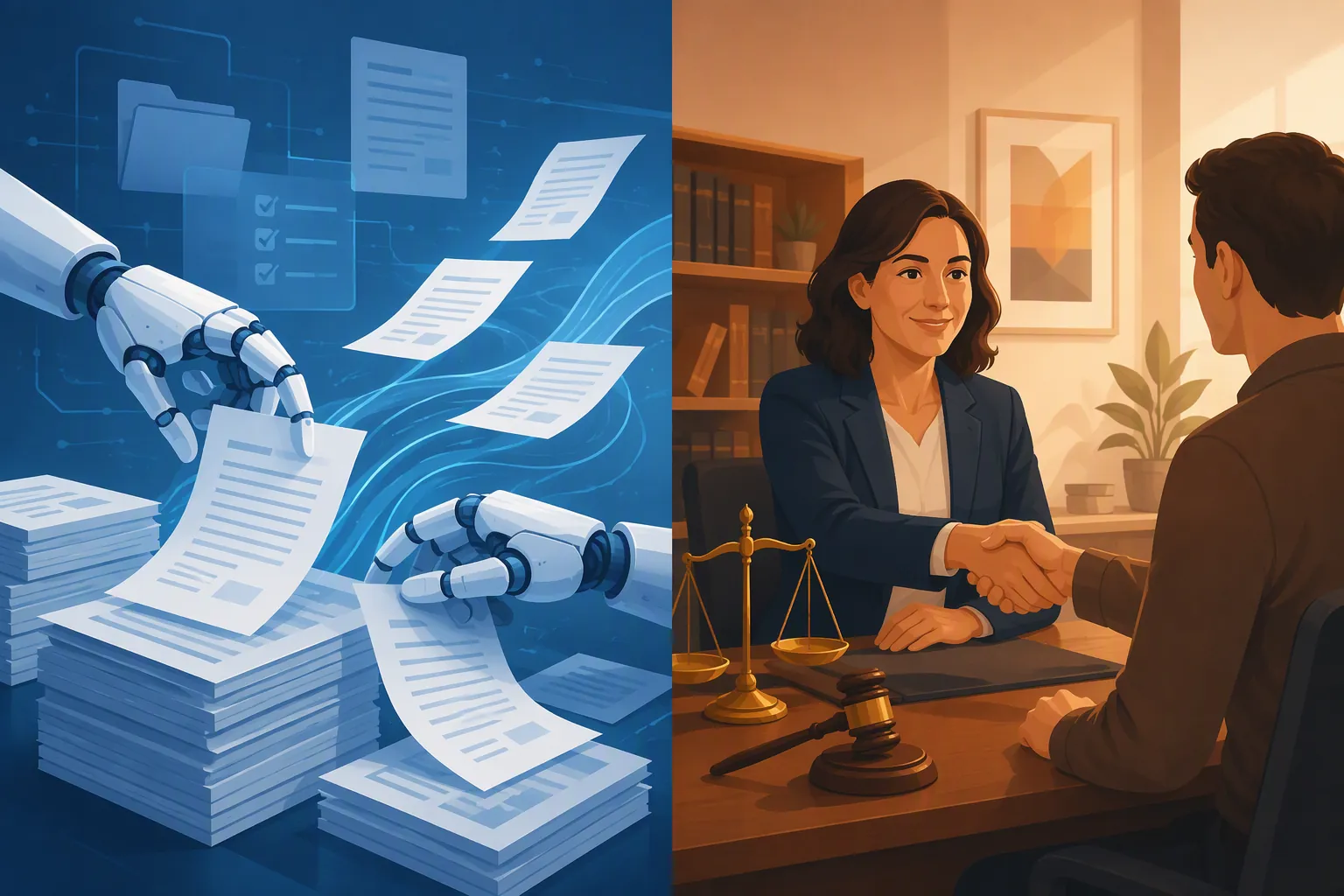 Automated contract processing contrasted with a lawyer serving a client beside symbols of justice