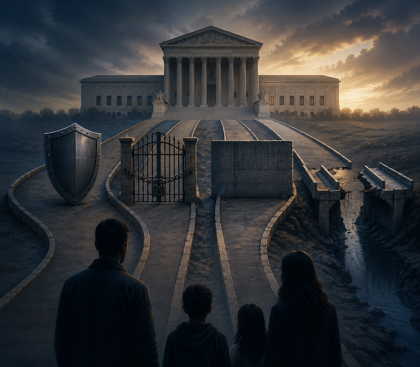 Four blocked legal pathways lead toward a distant courthouse while a silhouetted family stands in the foreground