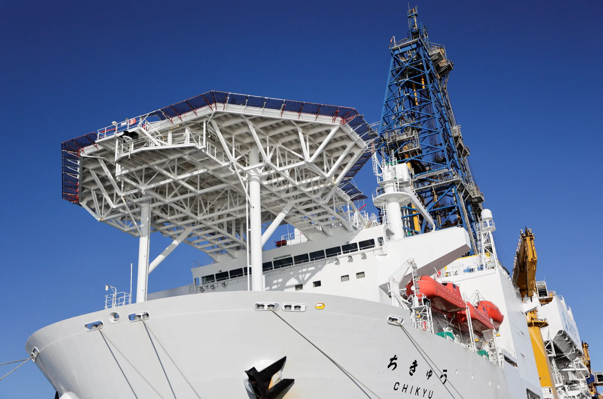 The Japanese deep-sea drilling vessel Chikyu at sea during a rare-earth mud recovery mission
