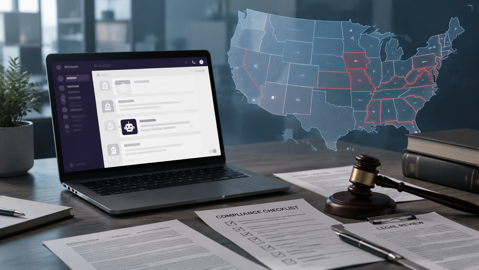 Laptop showing a Slack-like bot interface surrounded by legal documents and a U.S. compliance map