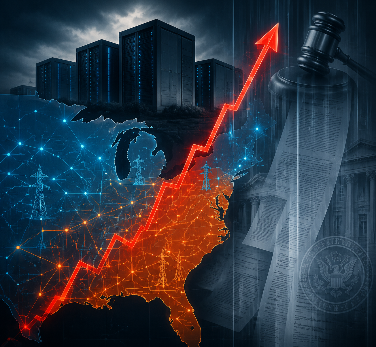 Stylized PJM-region power grid with data centers, a rising price arrow, and regulatory documents in the background