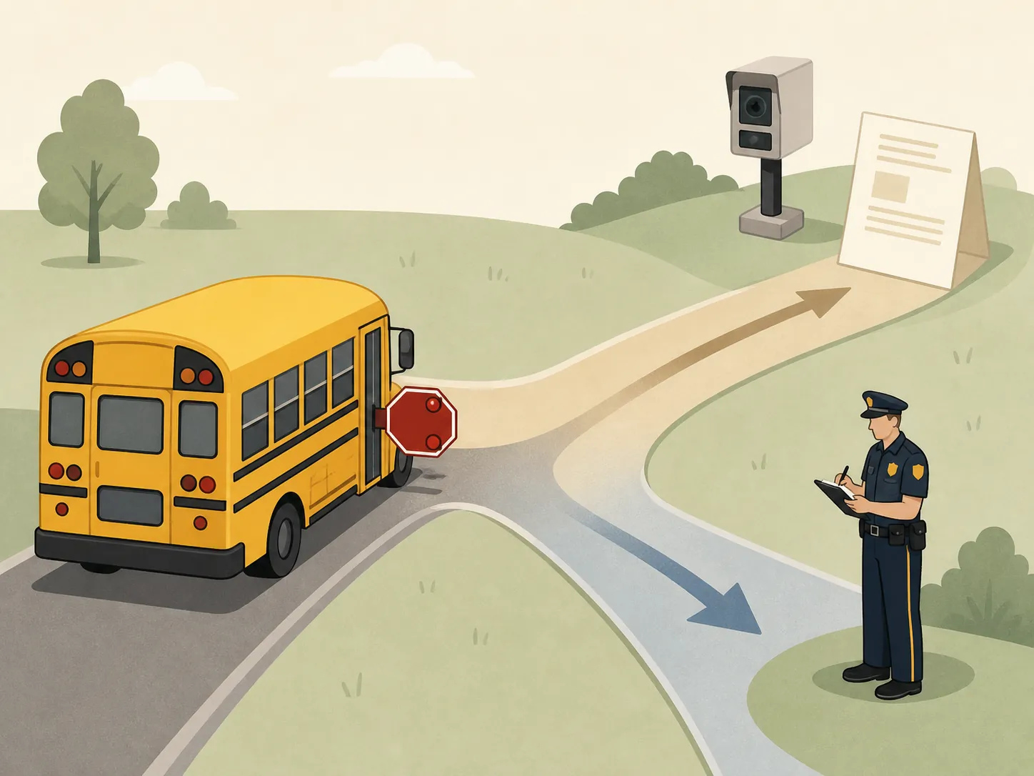 Decision fork showing camera-issued and officer-issued school-bus enforcement paths