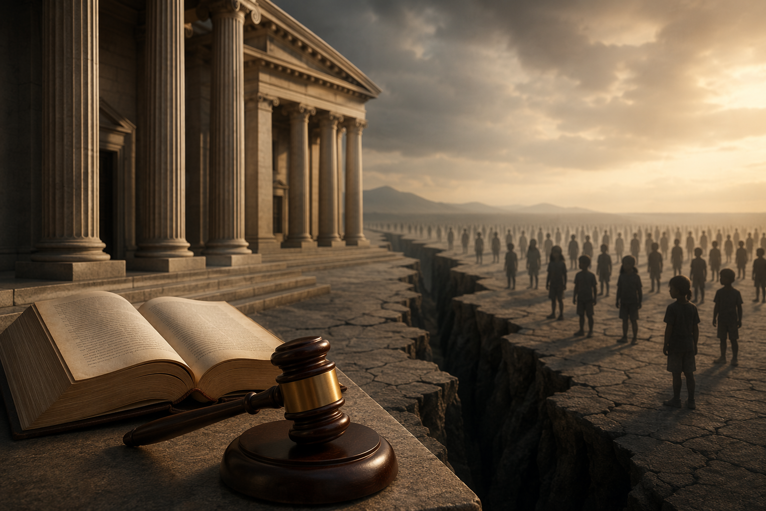 Courthouse-style legal framework with a crack separating it from a group of children