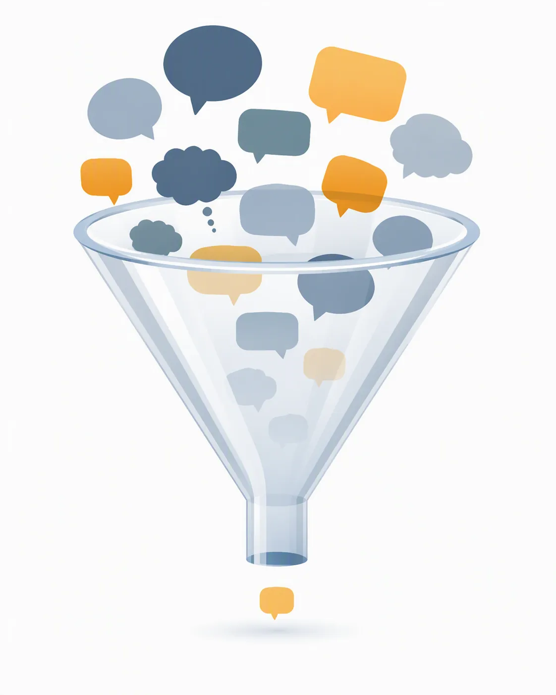 Funnel filtering many speech bubbles into one small bubble, representing legal filters in defamation claims