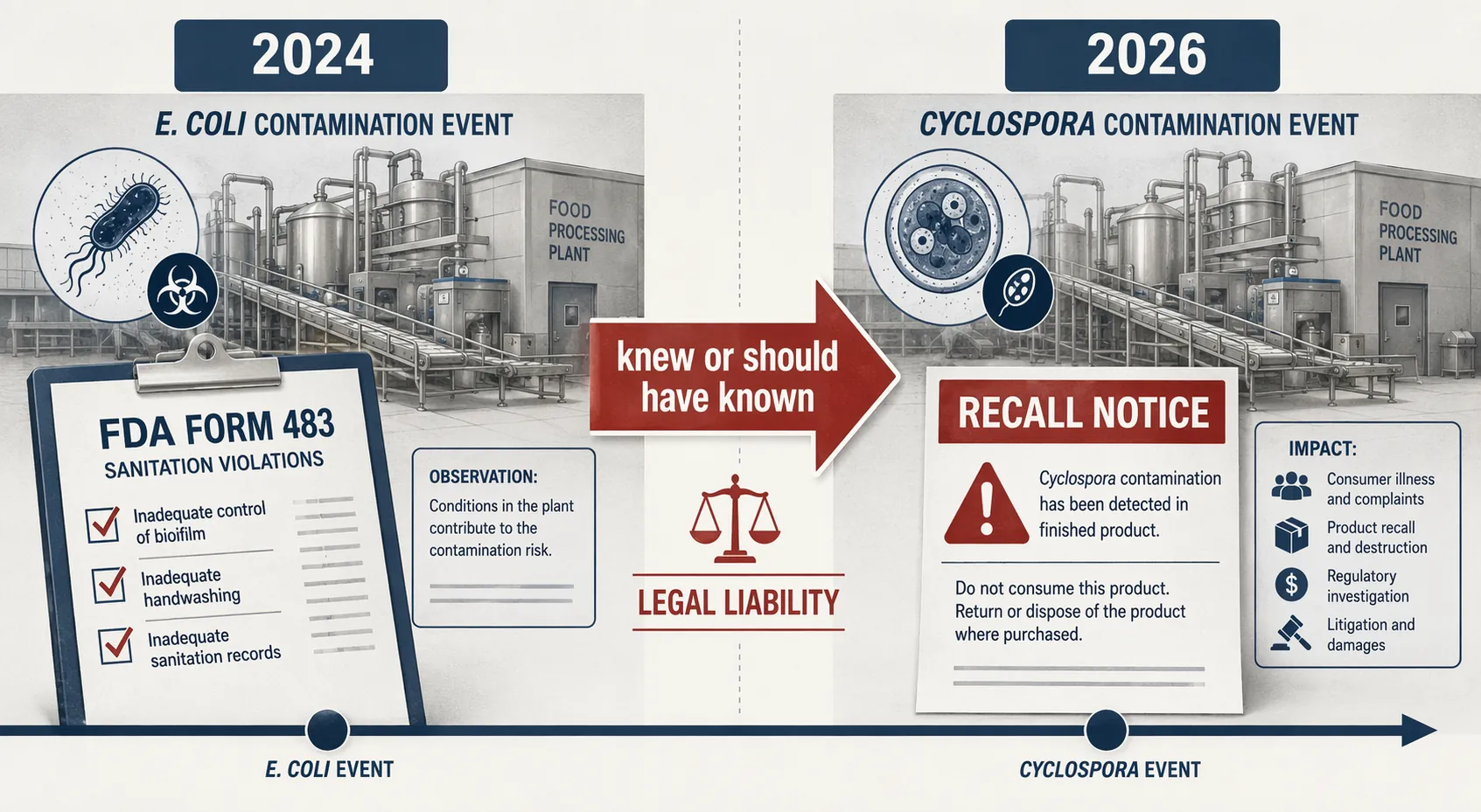 Dual timeline showing Taylor Farms contamination history in 2024 and a 2026 cyclospora recall connected by a knew-or-should-have-known liability arrow