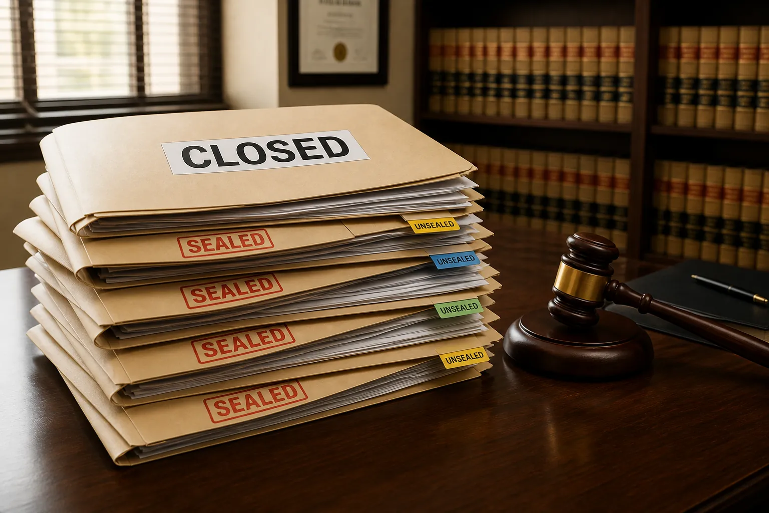 Law office desk with a closed file folder resting above sealed legal folders