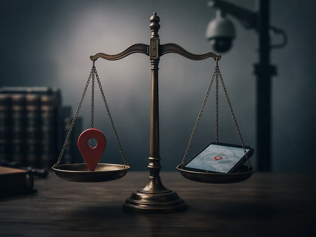 Scales of justice beside smartphone map and surveillance camera silhouette