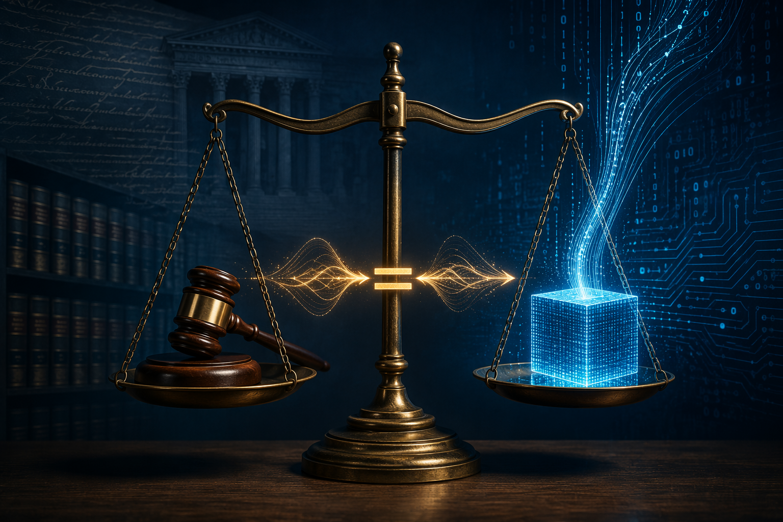 A balance scale of justice with a wooden judge's gavel on one side and a glowing digital cube with data streams on the other, connected by an energy-transfer conservation symbol.