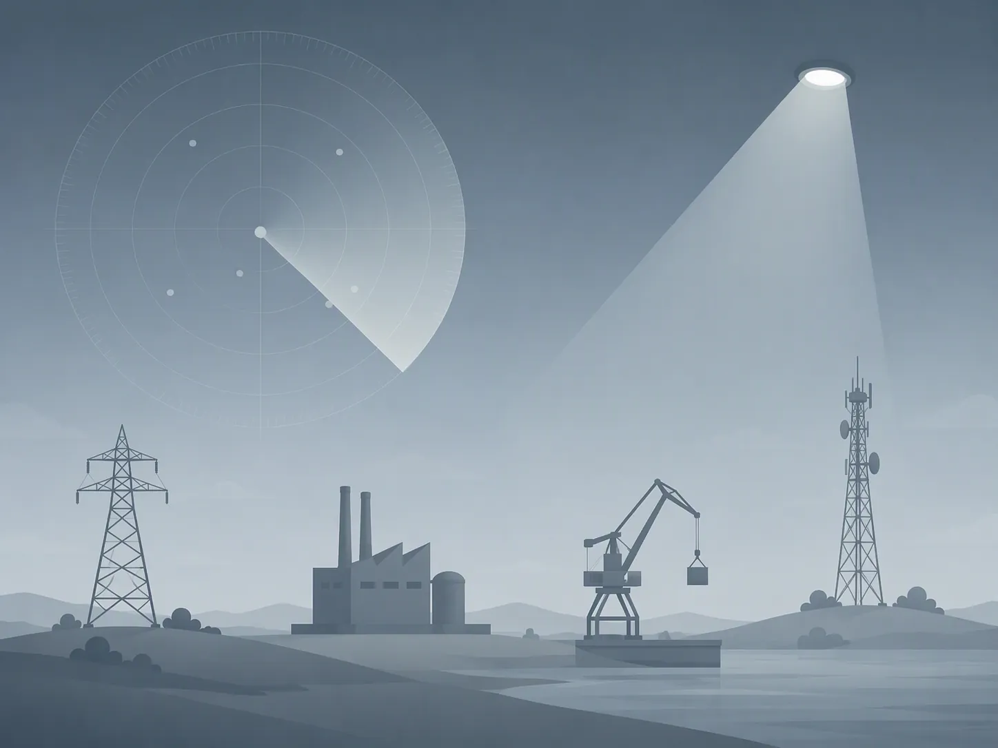 Radar sweep over silhouettes of a power tower, factory, port crane and communications antenna
