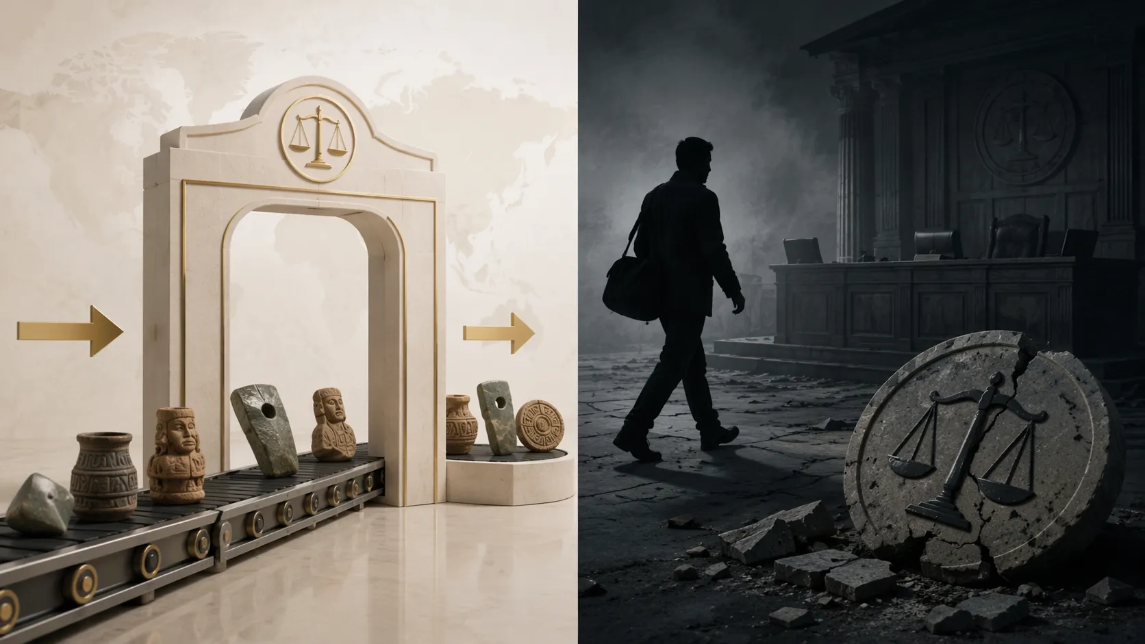 Editorial illustration of cultural artifacts moving through civil forfeiture while a trafficker figure passes a faded criminal prosecution sign