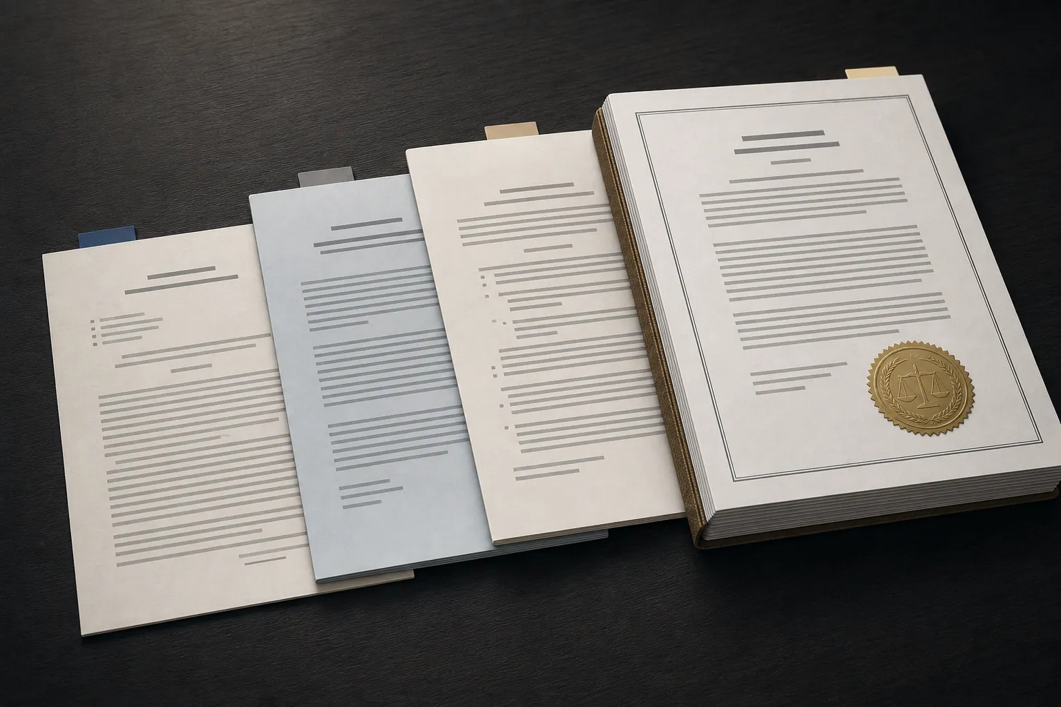 A stack of legal filings labeled complaint, settlement agreement, addendum, and court order on a desk