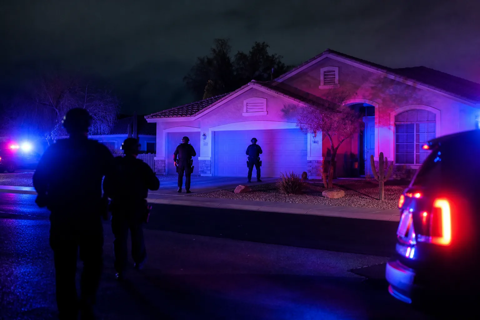 Suburban home at night illuminated by police emergency lights during a tactical response
