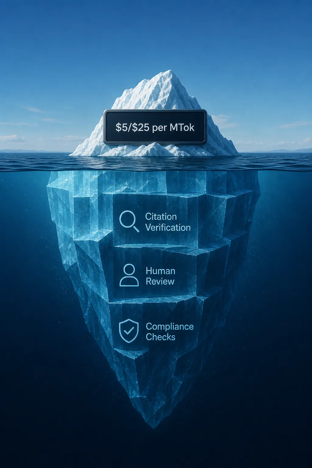 Iceberg visualization showing the advertised $5/$25 per million token price above the waterline and larger hidden citation verification, human review, and compliance costs below it