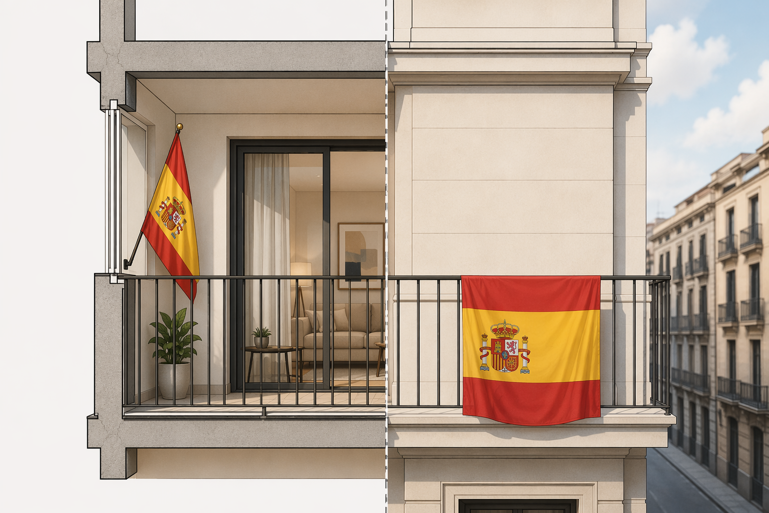 Diagram distinguishing private balcony space from the exterior common facade