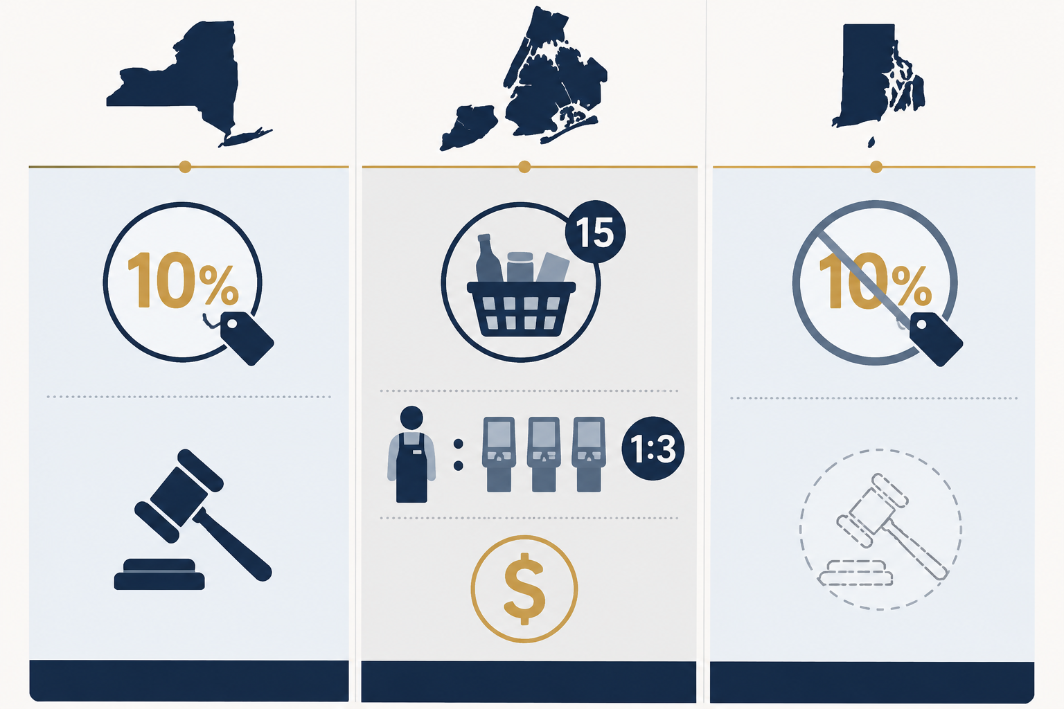 Three-panel comparison of self-checkout regulation: discount enforcement, staffing and item limits, and removed discount language