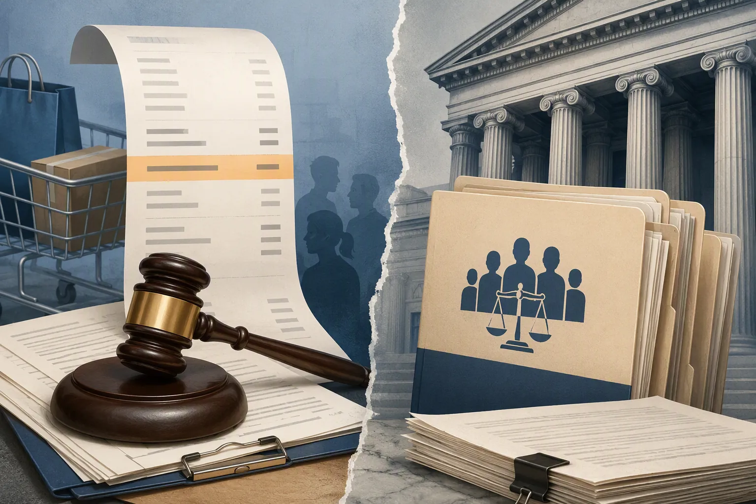 Consumer receipt with highlighted surcharge line, gavel, legal documents, courthouse column, and class-action filing folders