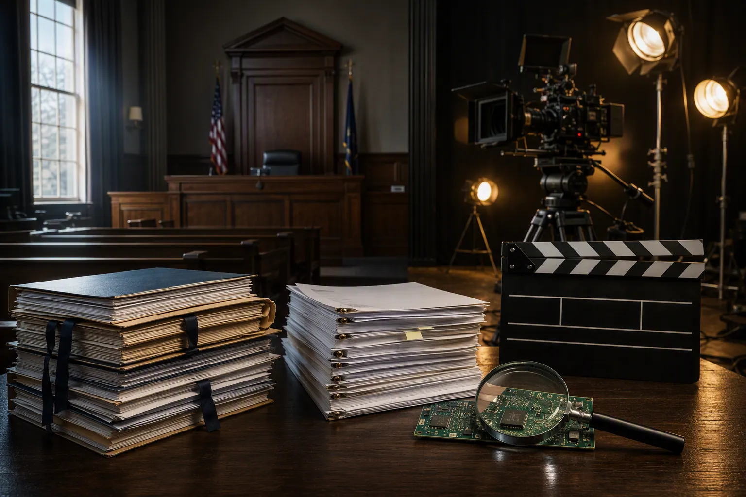 An empty courtroom contrasted with a television film set, legal case files, and a circuit-board fragment