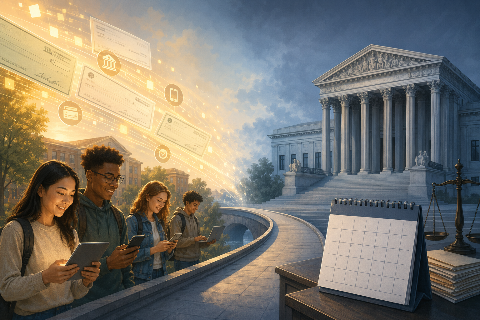Split illustration showing settlement payments flowing to students on one side and a courthouse with a November 2026 calendar on the other.