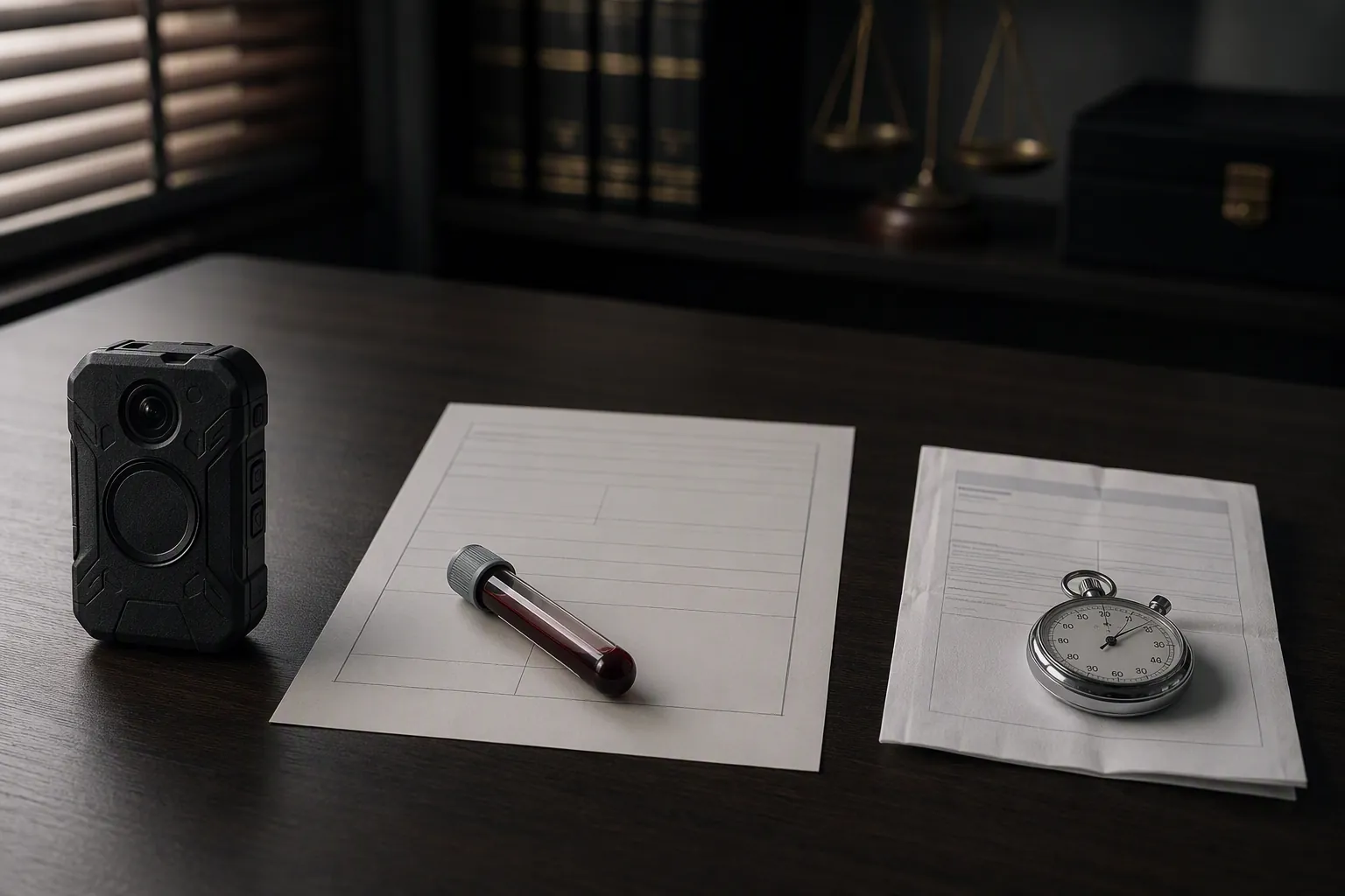 Body-worn camera, sealed blood-collection tube beside a blank warrant form, and folded breath-test refusal sheet on a dark lawyer's desk