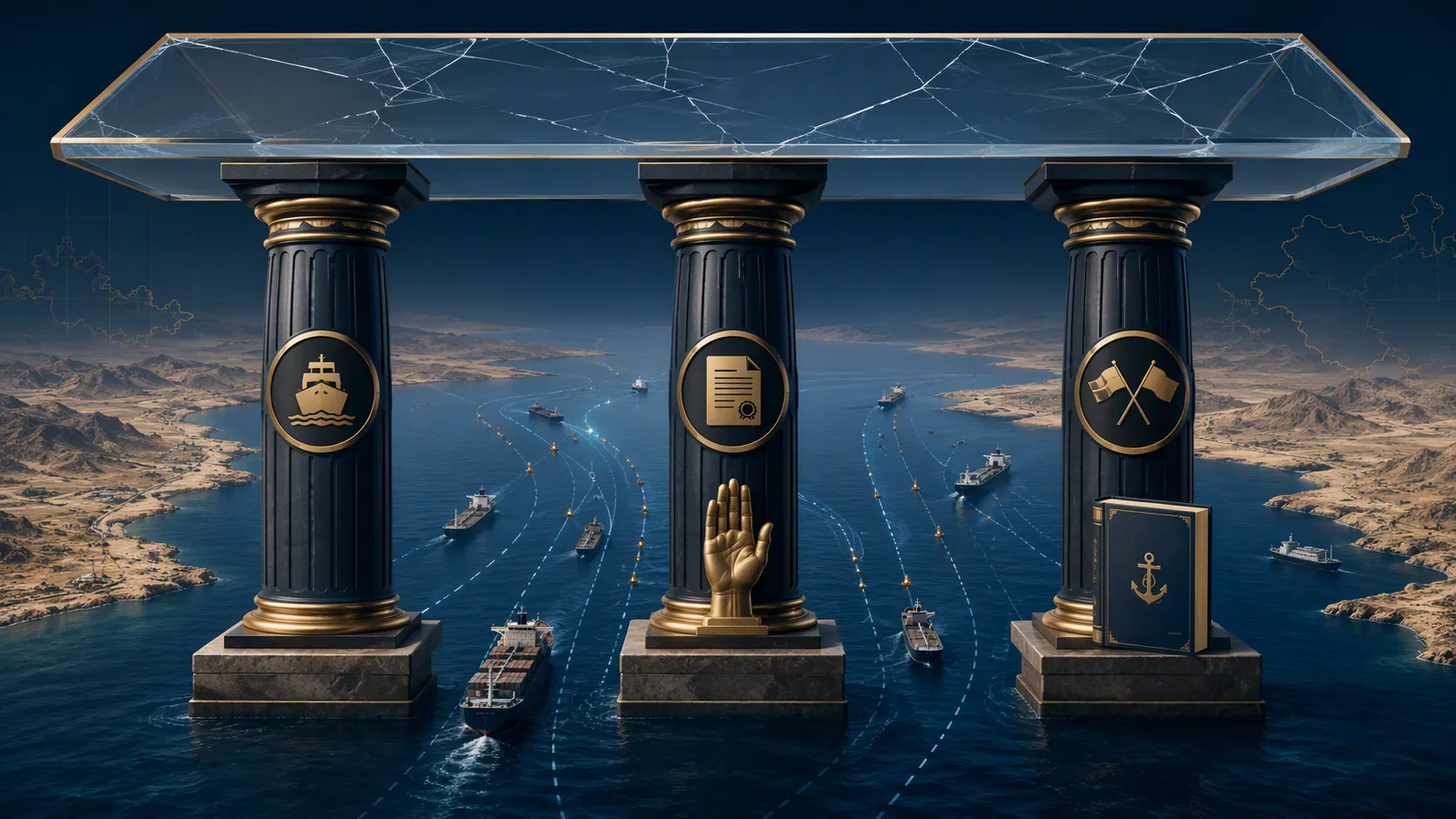 Three legal pillars over strait waters representing innocent passage persistent objector status and law of naval warfare