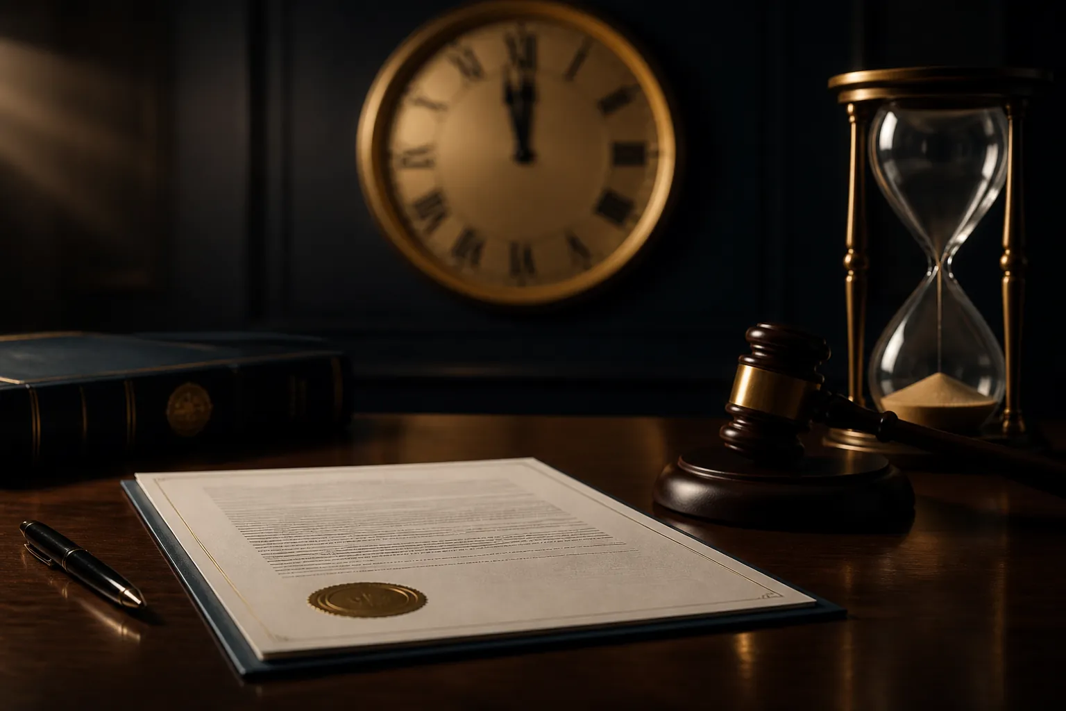 Notice-of-claim document on a desk with a clock, hourglass, and gavel