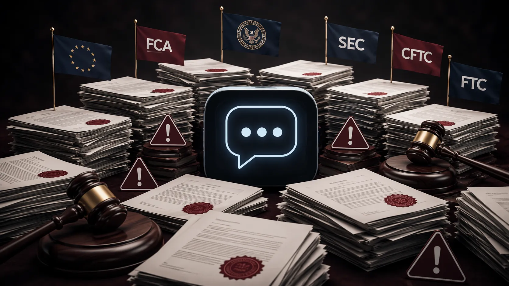 AI chat interface surrounded by legal warnings and regulatory flags