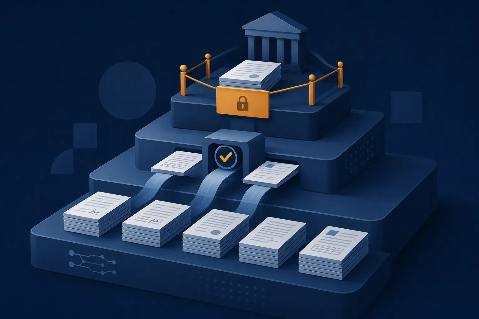 Three-tier risk structure for AI legal use with document flows, a verification checkpoint, and a closed high-risk tier