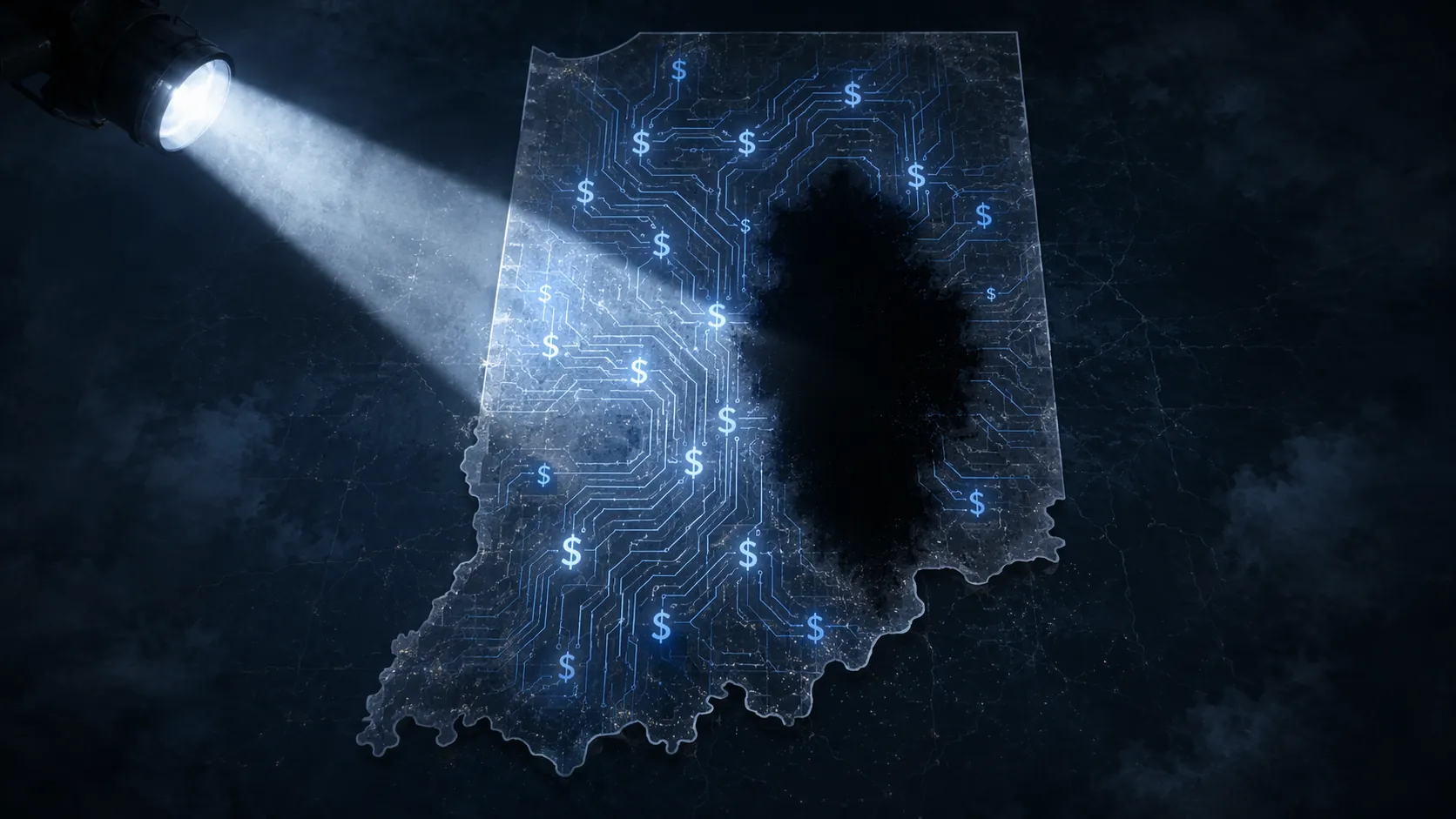 Indiana map with circuit lines, digital currency symbols, and a searchlight missing a shadowed regulatory blind spot