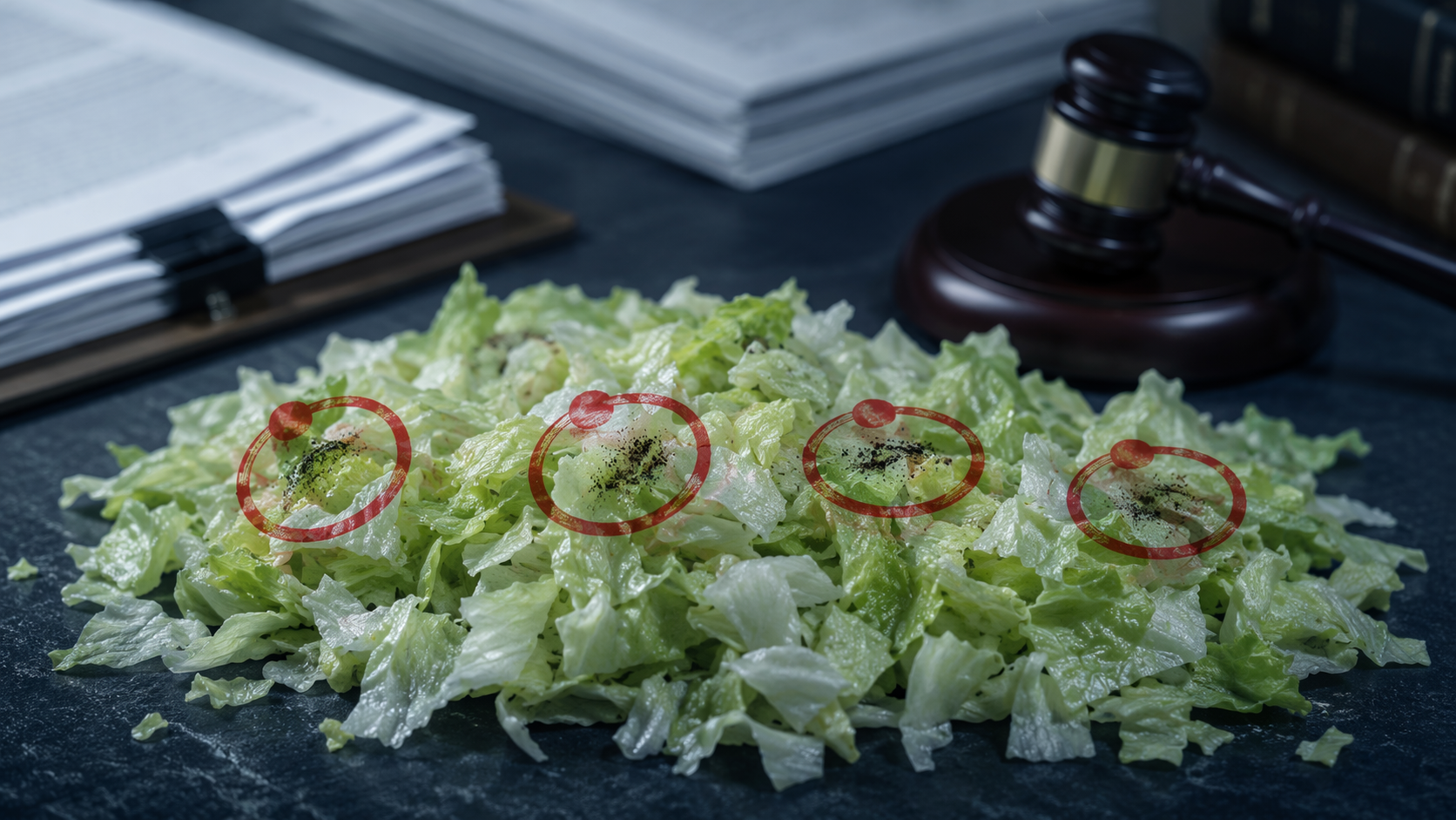 Shredded iceberg lettuce marked as evidence beside legal documents and a gavel