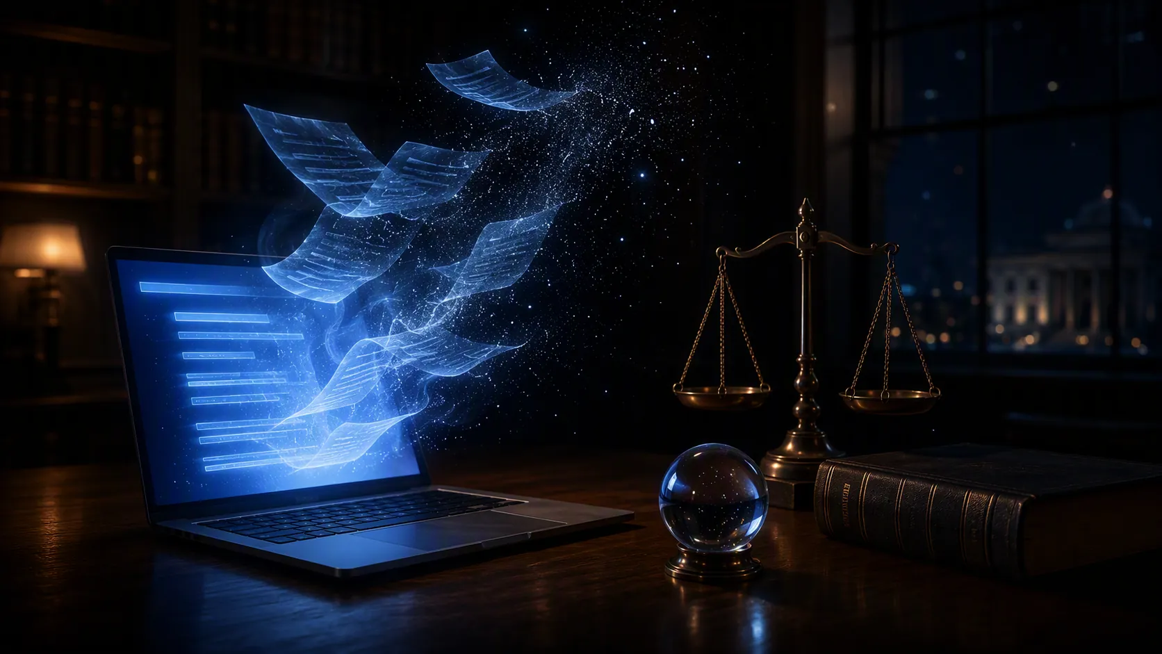 Glowing laptop beside scales of justice and law books with ghostly legal pages rising from the screen