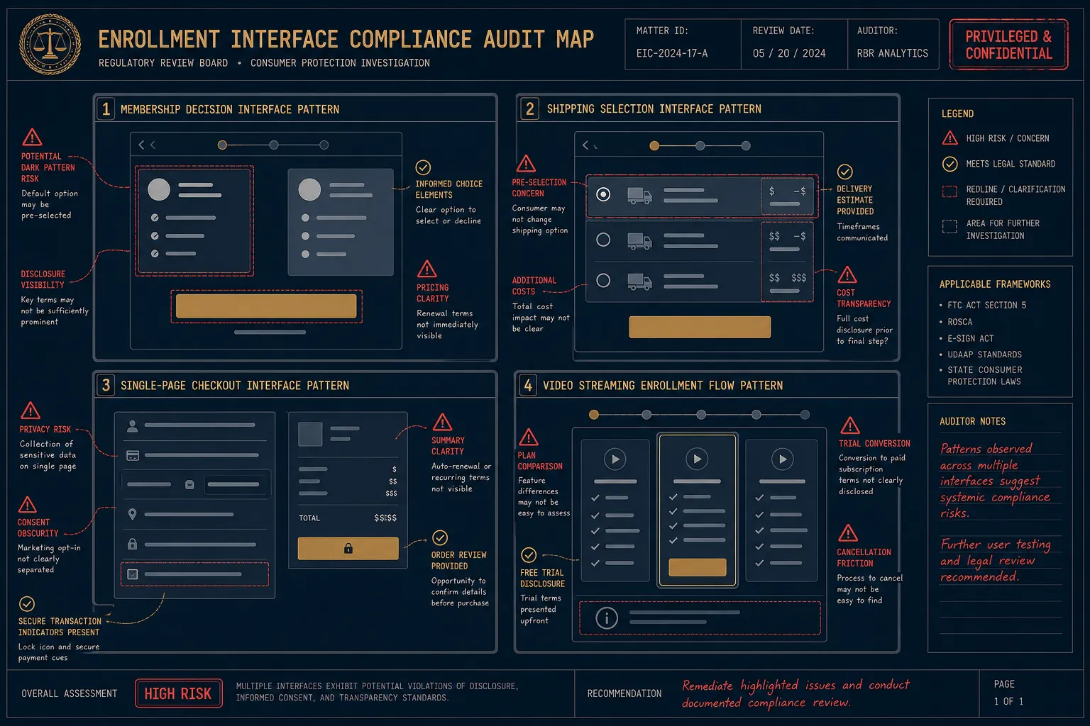 Four subscription enrollment interface panels marked for compliance audit review