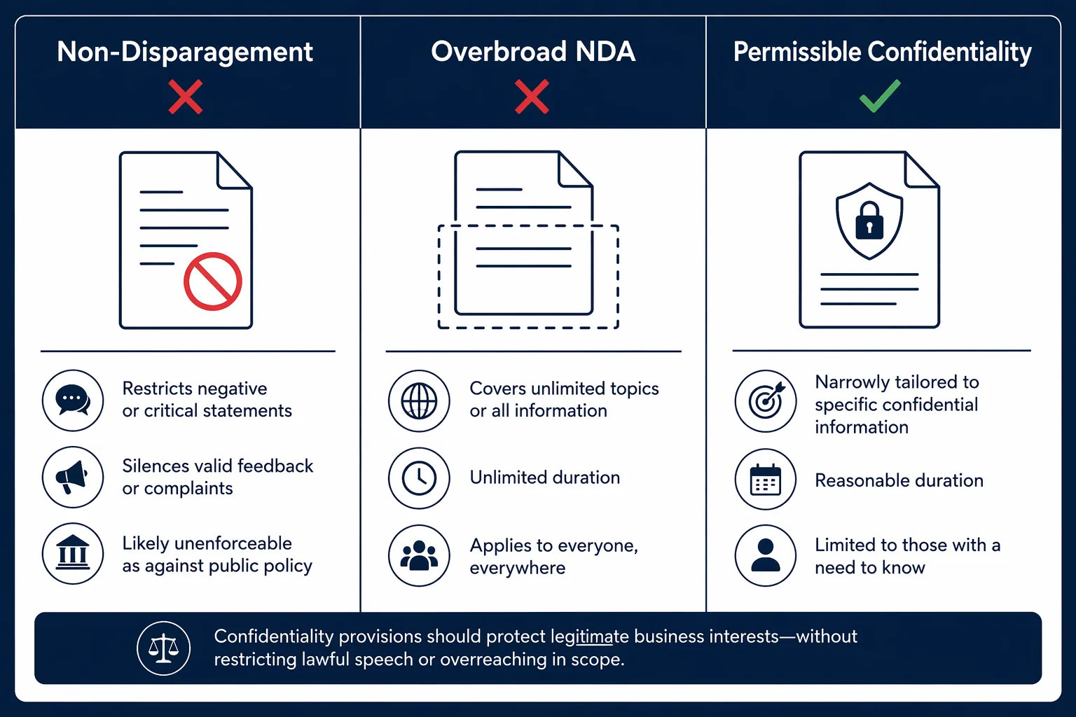 Editorial framework comparing non-disparagement, overbroad NDA restrictions, and permissible confidentiality tied to existing ethical duties