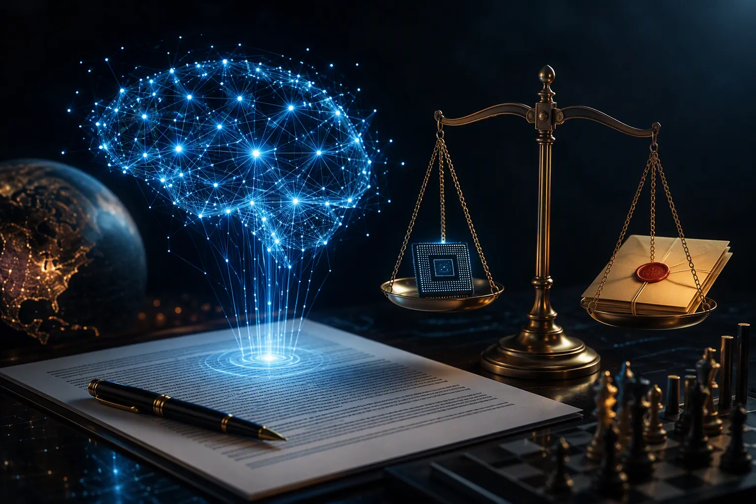 A blue neural network above a legal document with a balance scale holding a microchip and classified folder