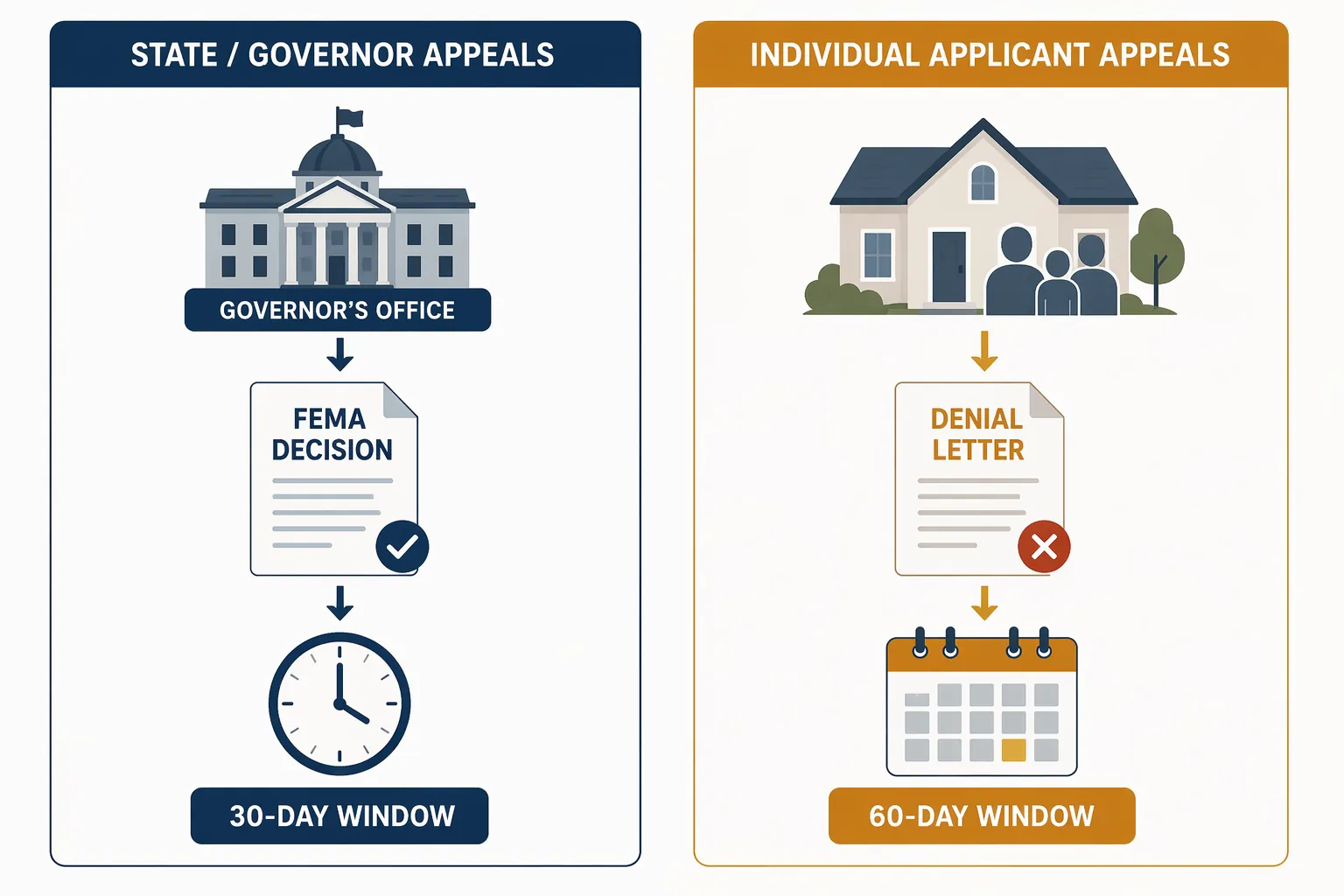 Comparison graphic showing a governor appeal track with a 30-day window and a household appeal track with a 60-day window