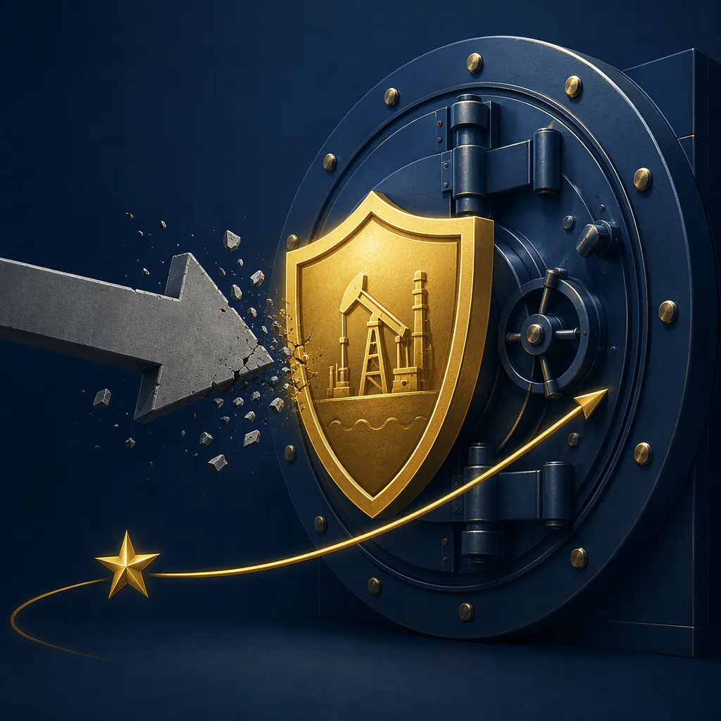 A vault shield deflecting one arrow while a narrower terrorism-judgment path arcs around it