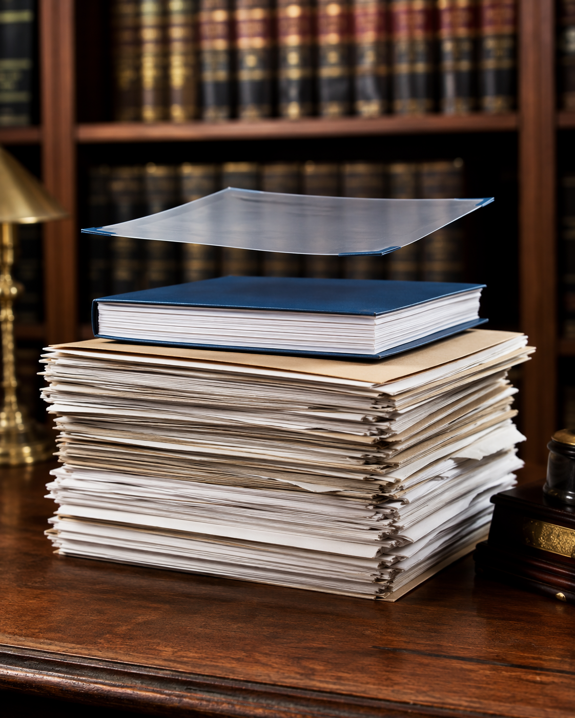 Stacked legal cost sheets, court-approved budget documents, and a thin insurance policy document on a law library desk