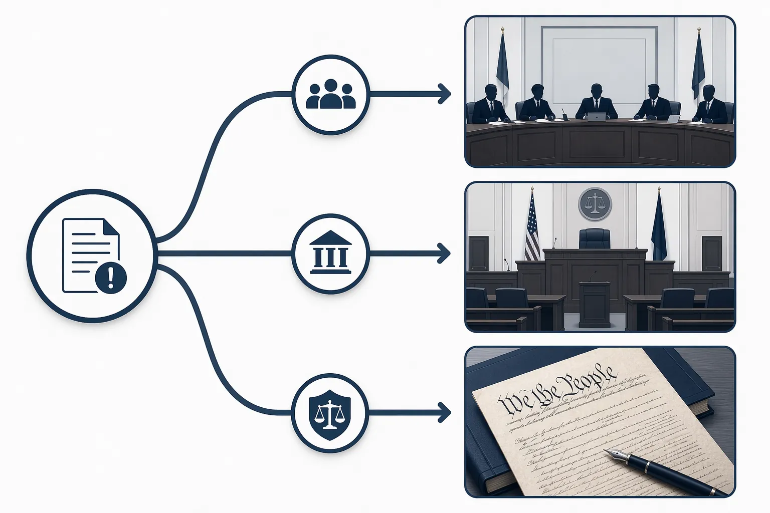 Diagram showing party review, state court action, and federal constitutional challenge as diverging legal paths