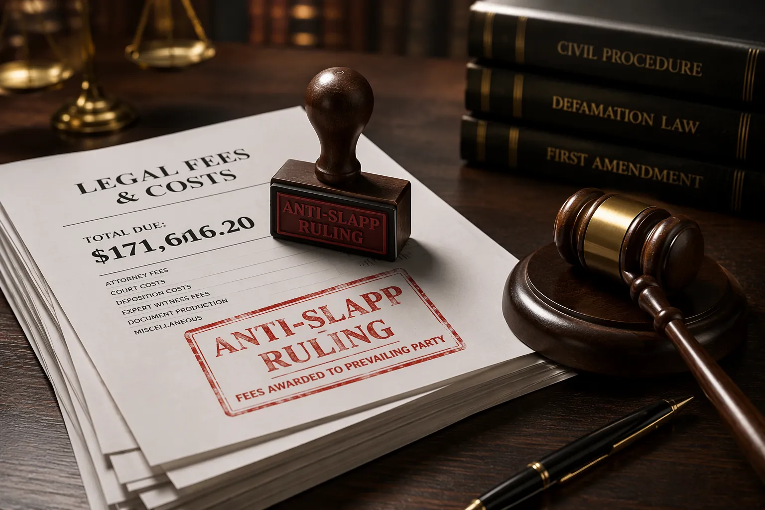 Judge's gavel beside legal documents showing a $171,616.20 anti-SLAPP cost award