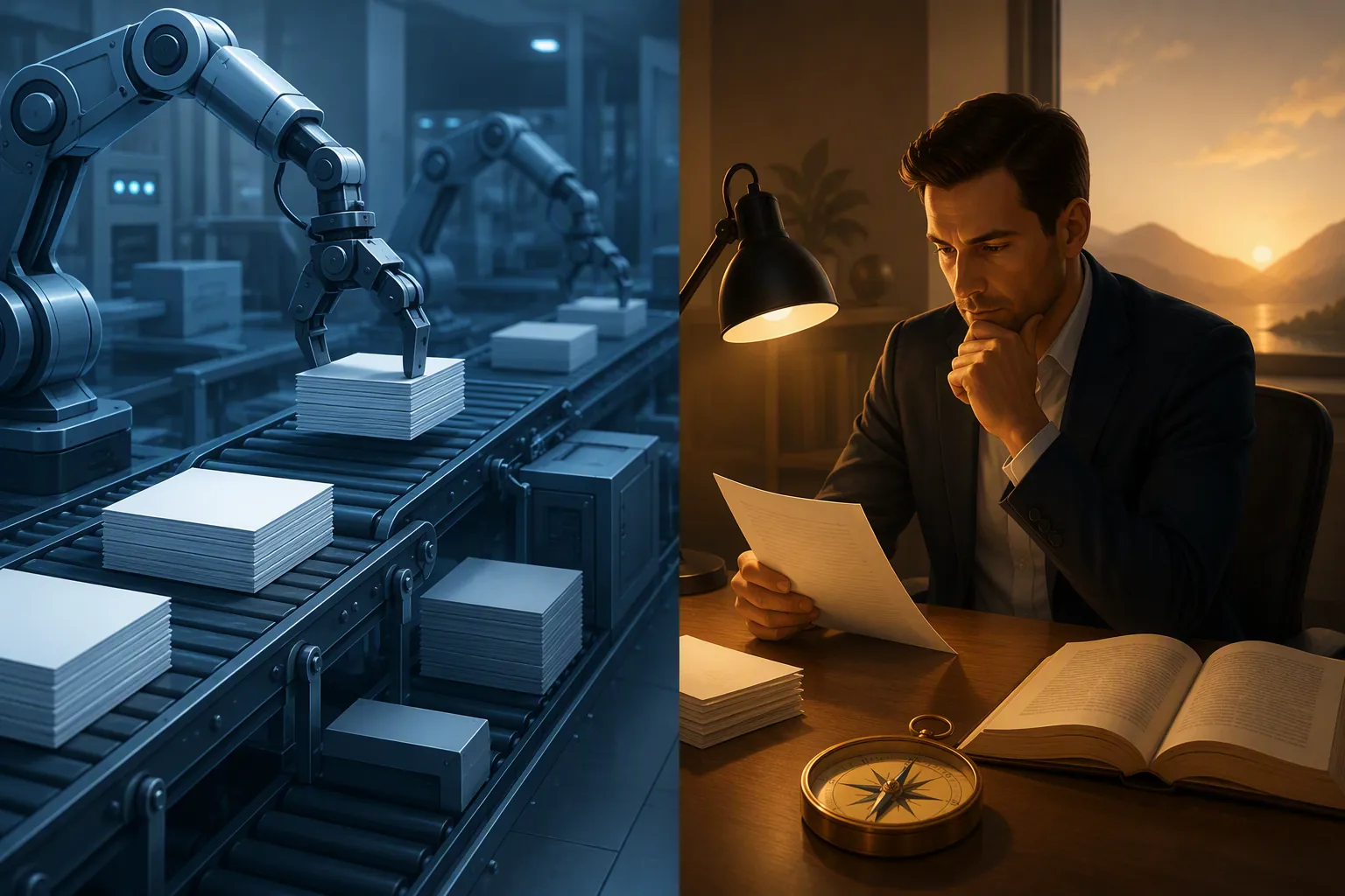 Illustration contrasting automated document processing with a professional reviewing papers under a lamp