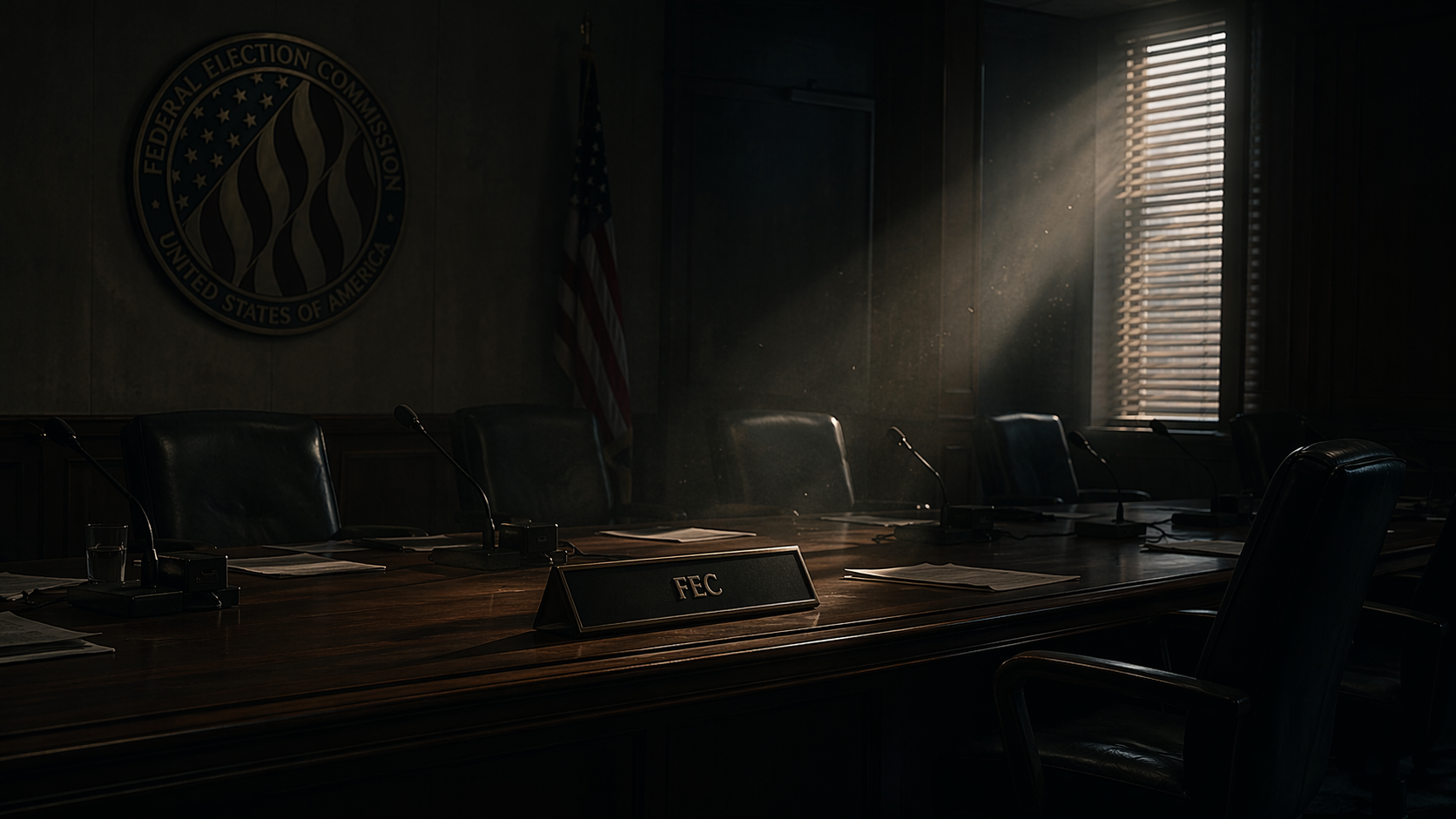Empty darkened FEC hearing room suggesting institutional paralysis