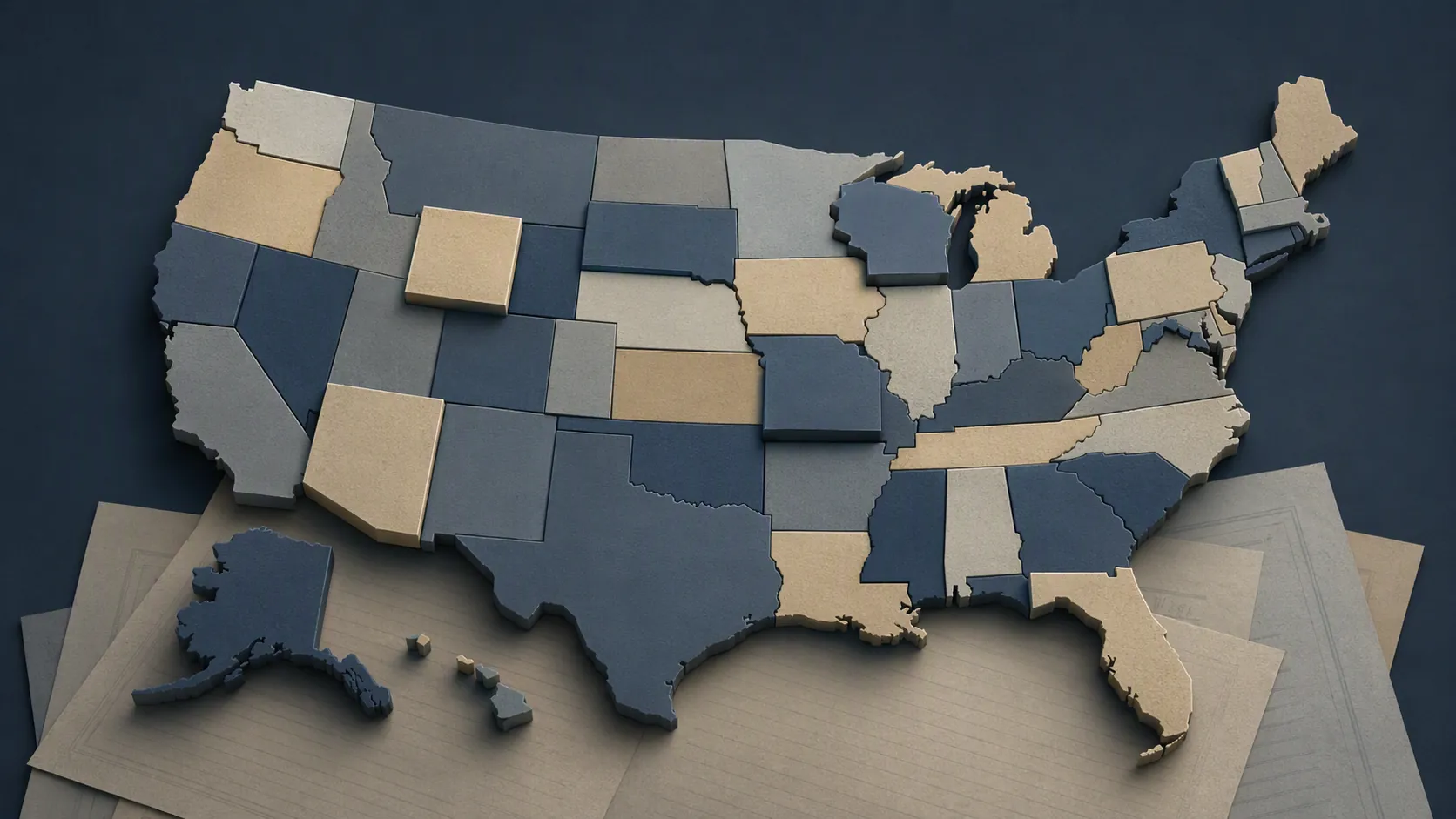 Stylized United States map with raised state tiles over layered legal documents