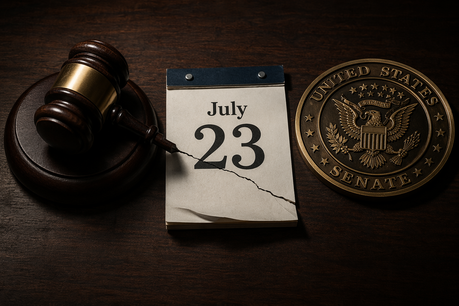 A judge's gavel, Senate seal, and July 23 calendar page connected by a crack line