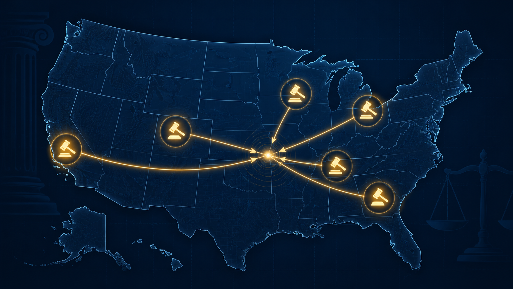 Stylized United States map showing connected legal markers in California, Ohio, Tennessee, Georgia, Illinois, and Colorado